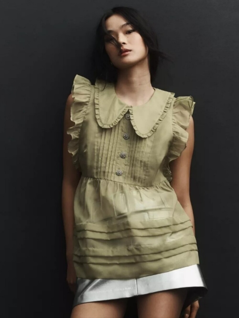 Anthropologie Maeve Peter Pan Collar Sheer Pintuck Babydoll Tank Shirt